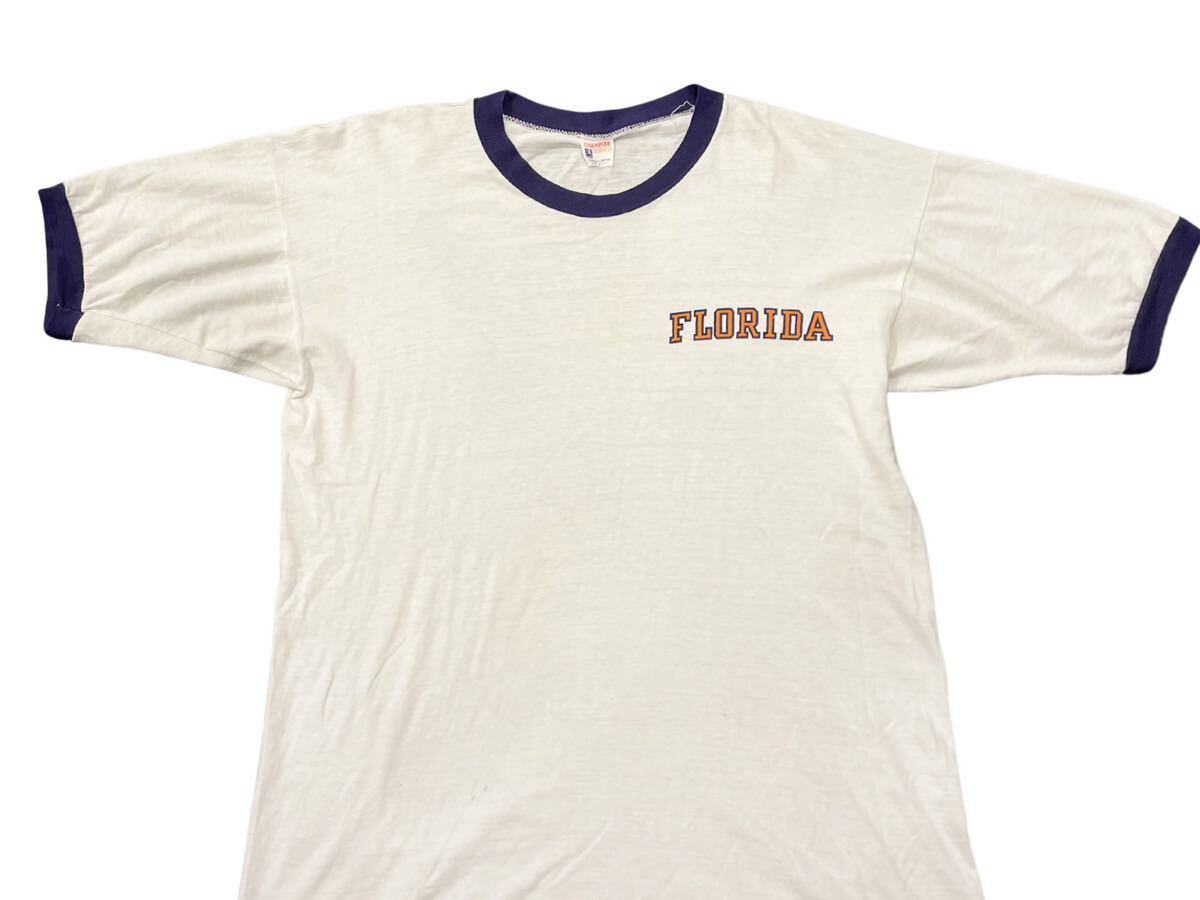 USA製 60s CHAMPION ランタグ フロリダ トリム Tシャツ USA ビンテージ リンガー Florida カレッジ 染み込み 単色 ランナーズ