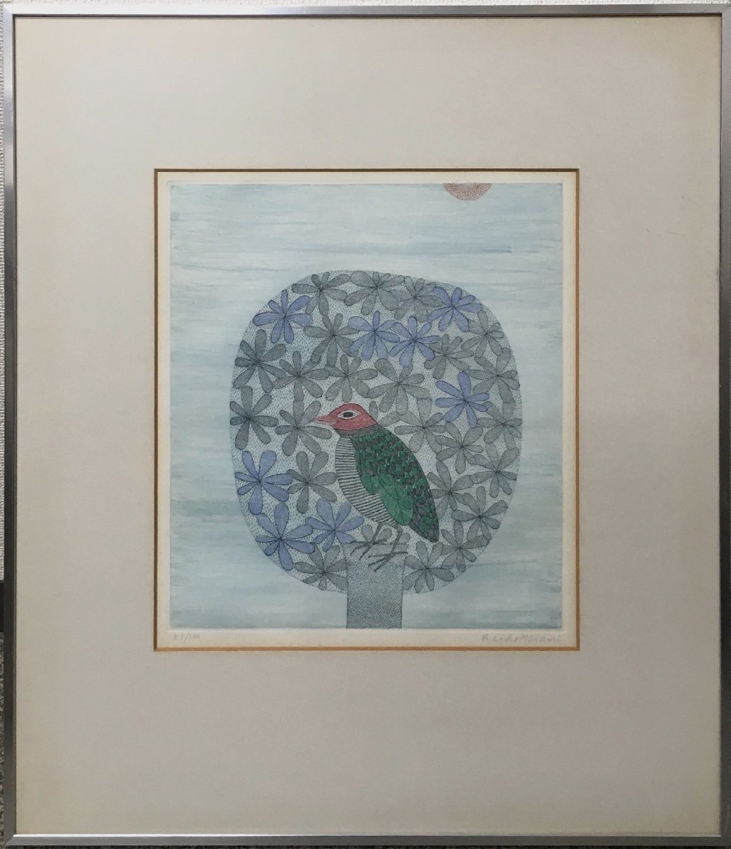 真作保証『南桂子 オリジナル銅版画 鳥と樹 限定53/100部』直筆サイン・エディション入 額装