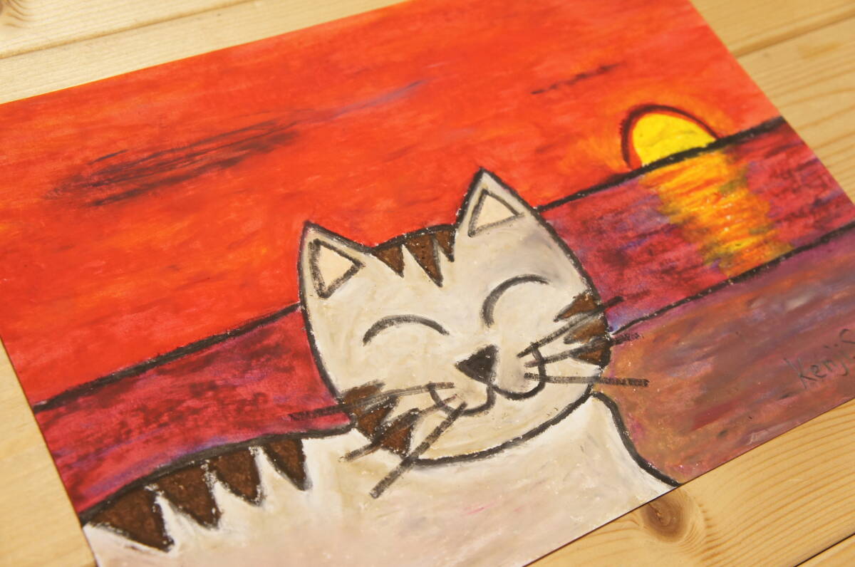 【夕日と猫】手描き 肉筆 クレヨン画 絵画 A4サイズ 715,Crayon painting, oil pastel painting, original artの画像4