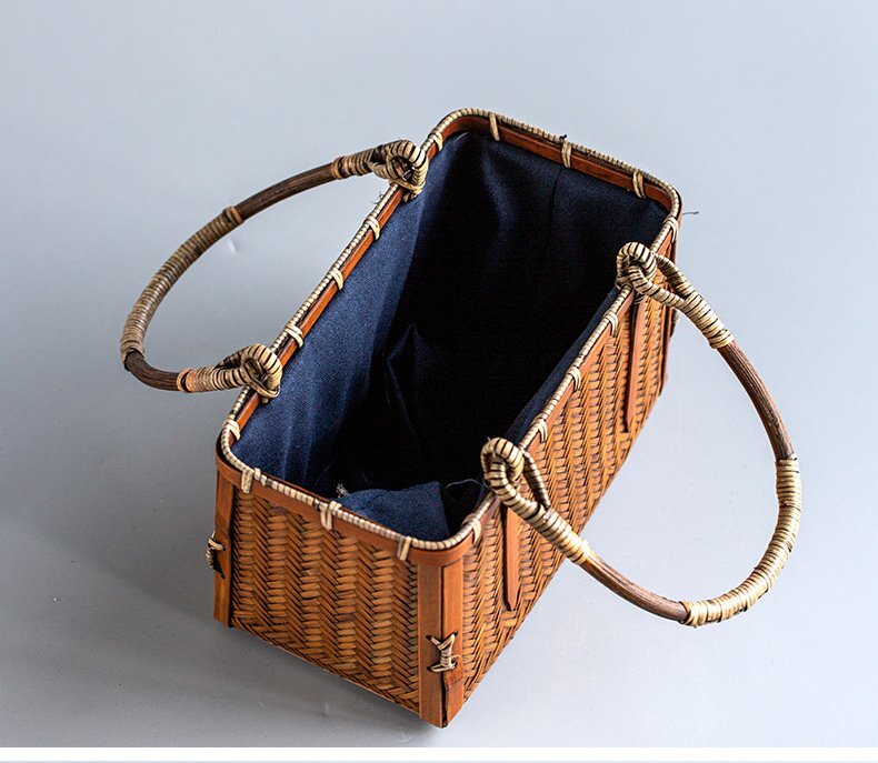  worker handmade basket back bamboo braided lady's net fee bag tote bag handbag . bag inside cloth attaching hand made bamboo keep hand 