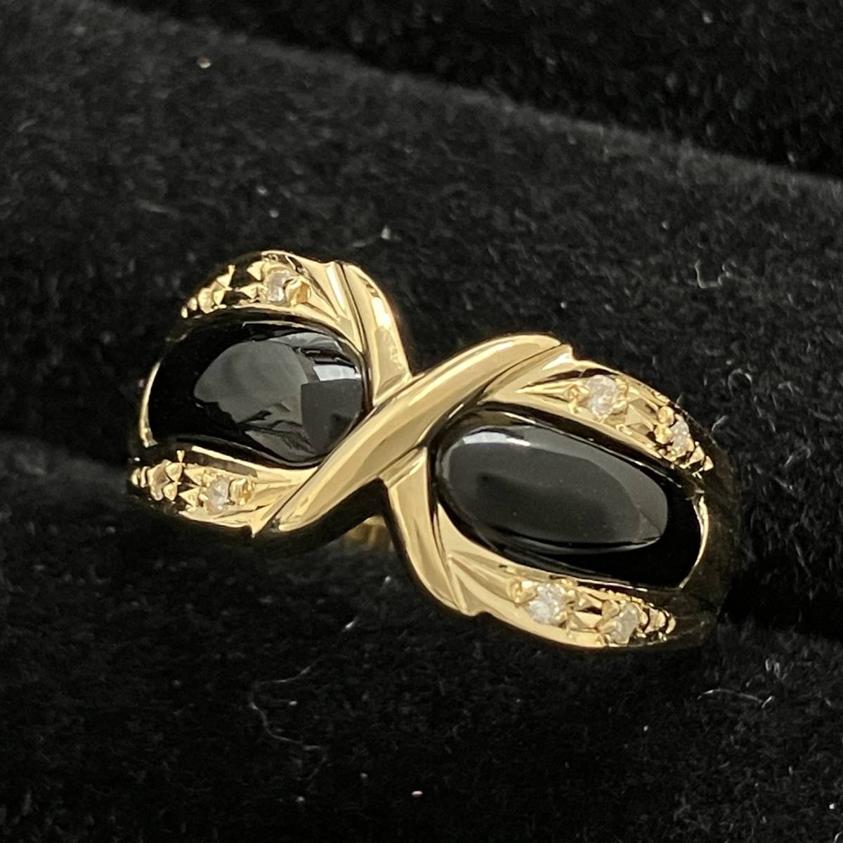 新品仕上済み 黒石 付 ダイヤ 0.06ct デザイン リング K18 11.5号 4.8g 金 イエロー ゴールド 指輪