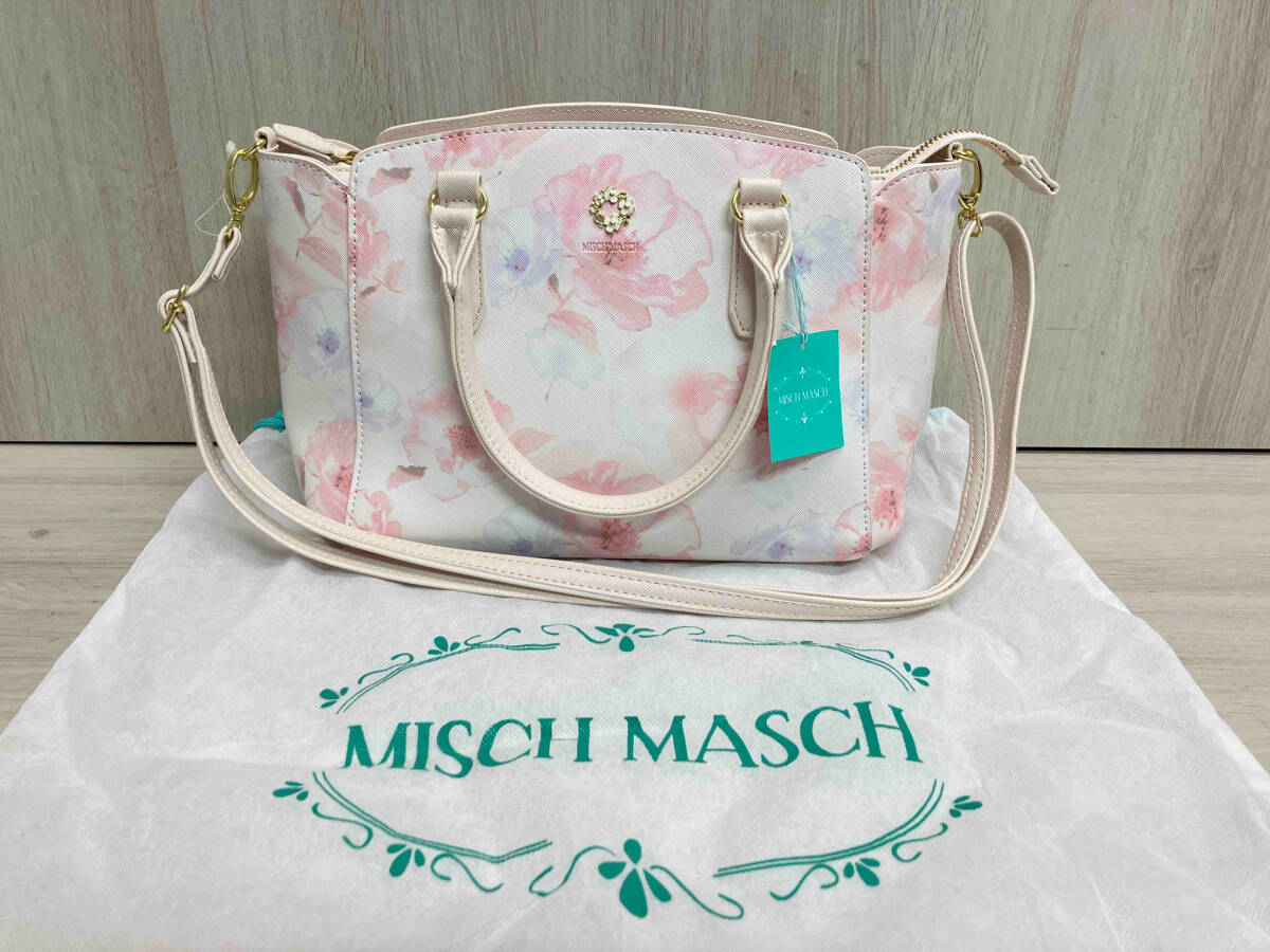 【タグ付き】MISCH MASCH ミッシュマッシュ 2way ショルダーバッグ ハンドバッグ レザー ピンク×ホワイト 花柄 横幅約33cm_画像1