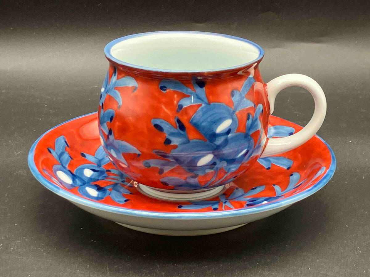 【箱付き】 源右衛門 染付赤濃牡丹絵 コーヒー カップ&ソーサー 1客
