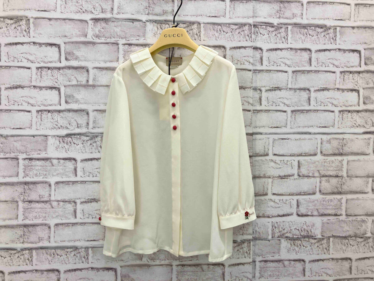 [ unused * tag attaching ]GUCCI Gucci pleat collar long sleeve blouse silk size 10 (140/68) Italy made hanger attaching ivory 