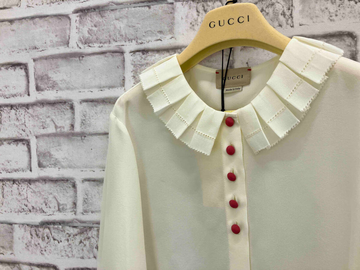 [ unused * tag attaching ]GUCCI Gucci pleat collar long sleeve blouse silk size 10 (140/68) Italy made hanger attaching ivory 