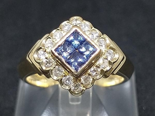 K18 18金 YG ダイヤモンド ブルー 青石 リング 指輪 イエローゴールド D0.35ct CS0.40ct 5.0g #13 店舗受取可の画像1
