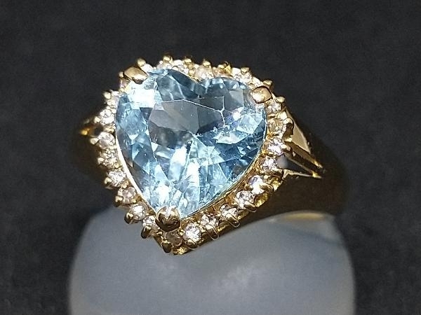 輝く高品質な K18 店舗受取可 水色石 指輪 ゴールド 18金 YG 18K 3.9g 11号 ダイヤモンド カラーストーン ブルー リング ハートモチーフ その他
