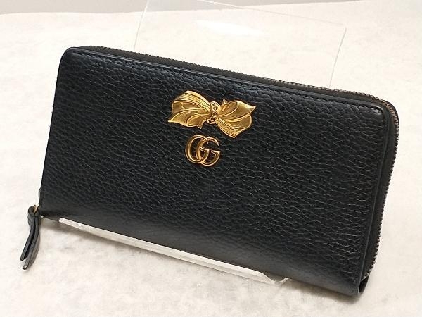 GUCCI グッチ GGマーモント リボン ラウンドジップウォレット 長財布 ブラック ピンク 花柄 店舗受取可_画像1