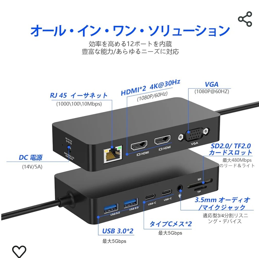 Surface ドッキングステーション12-in-1トリプルディスプレイSurface Dock(2*HDMI +VGA) RJ45ネットワークポート USB3.0+USB-Cポート SD+TF_画像6