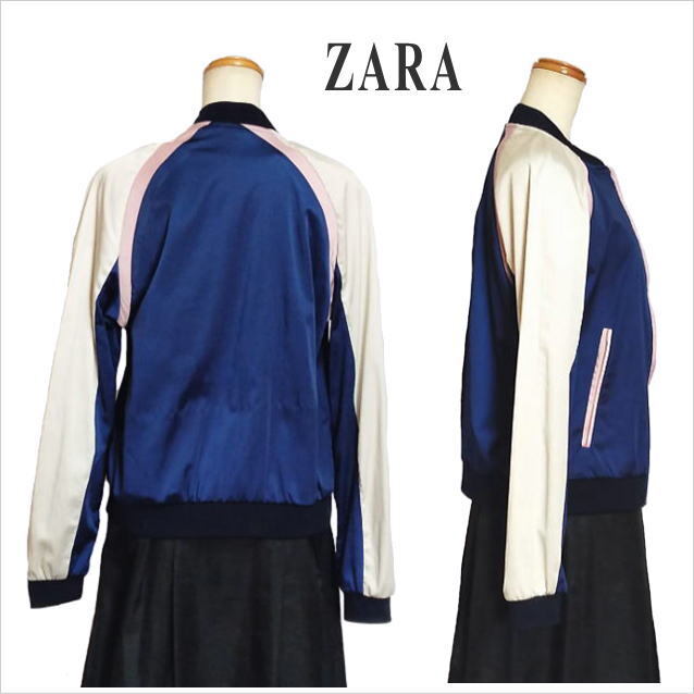 ［ZARA］ネイビー配色サテン調ジャンパー レディース ブルゾン アウター 長袖 ザラ M～L位 ☆送料込み_画像2