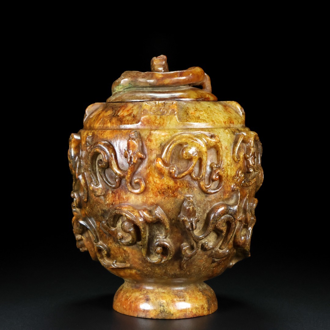 ◆御泓軒◆『漢・和田玉・高古玉彫・盤龍罐』極細工・古賞物・中国古玩・中国古美術