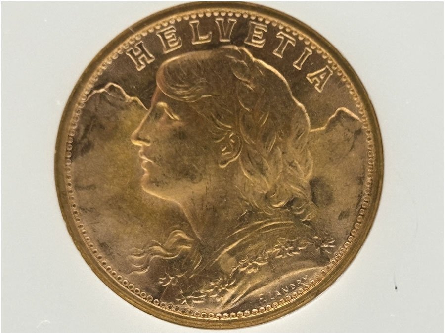 1949 スイス アルプスの少女 ブレネリ 20フラン 金貨 NGC MS66 アンティークコイン ヘルベティア_画像2