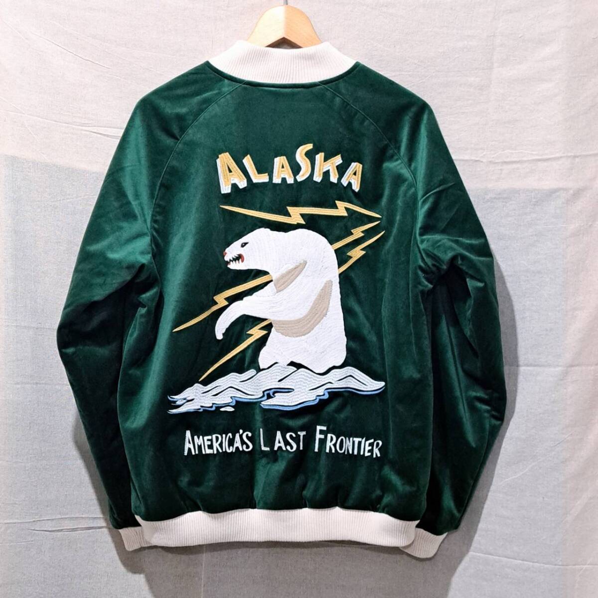 新品 HOUSTON ヒューストン 別珍 スーベニアジャケット ALASKA スカジャン グリーン L 緑 ベロア VELVETTEN SOUVENIR JACKET 刺繍 ブルゾン_画像1