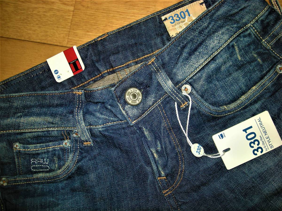 Ｇ-STAR RAW ジースター ロウ 新品 未使用 ジーンズ 3301 STYLE NEUTRAL ダメージ加工 Straight ストレート Indigo Blue ストレッチ W28L32_画像4