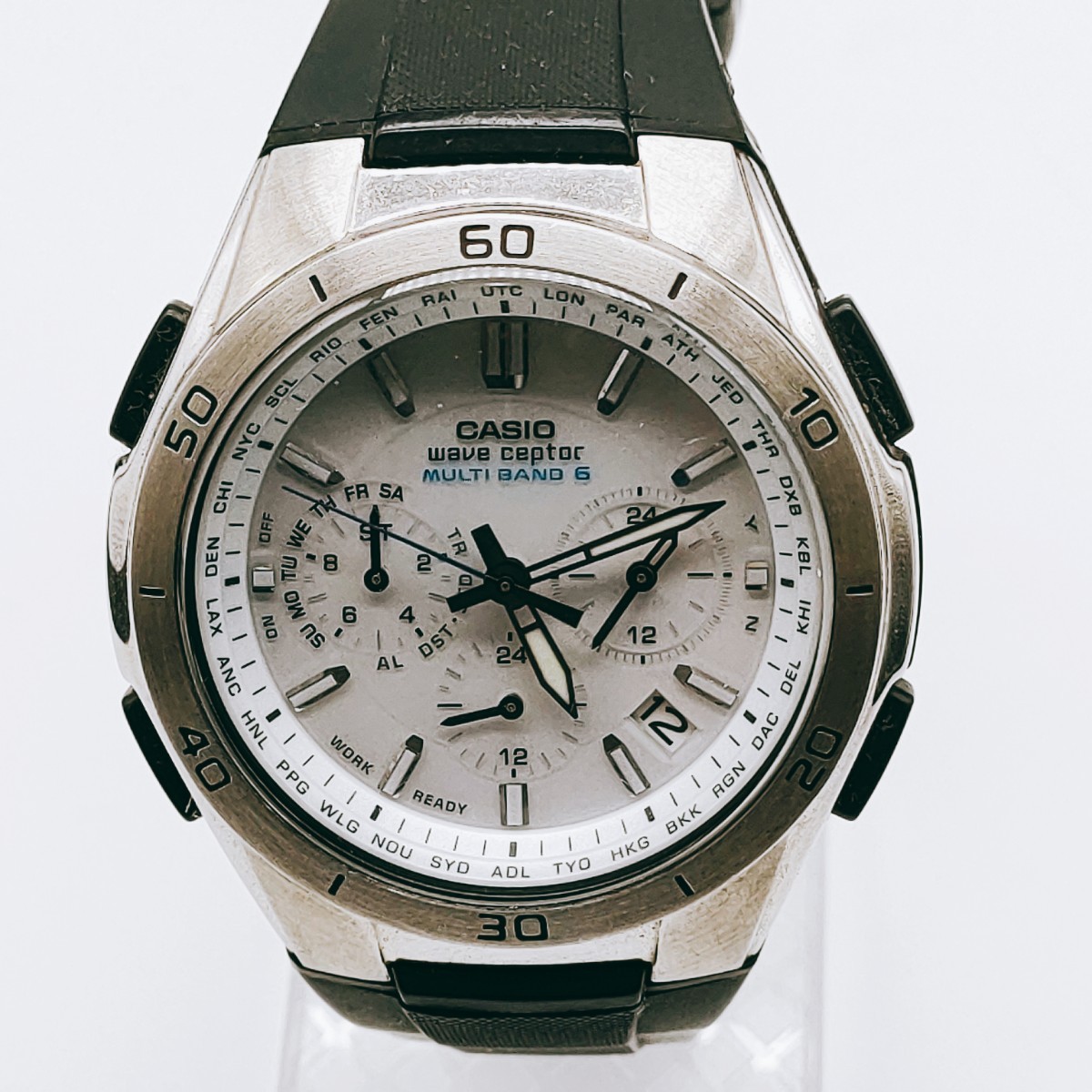 【動作品】CASIO カシオ wave ceptor ウェーブセプター 5174 wvq-m410 腕時計 アナログ シルバー色 3針 白文字盤 時計 とけい トケイ_画像1