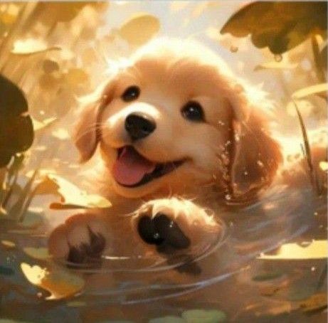 新品ダイヤモンドアート　20×20　可愛い子犬　ゴールデンレトリバーの赤ちゃん　水遊び　作成キット　ワンちゃん