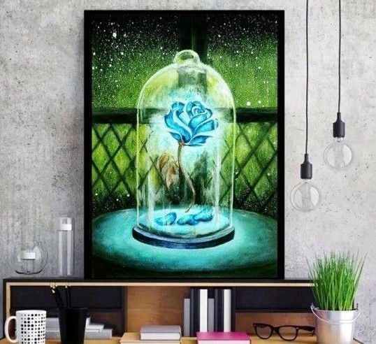 新品ダイヤモンドアート30×40 ガラスドーム青い薔薇　美しいバラ 夜景　花　作成キット