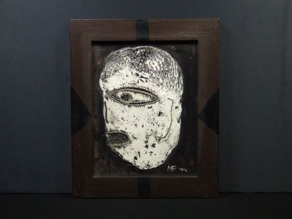 【真作】現代美術 古川通泰　直筆サイン『顔の形』キャンヴァスにミクストメディア 1993年 6号 163920308B