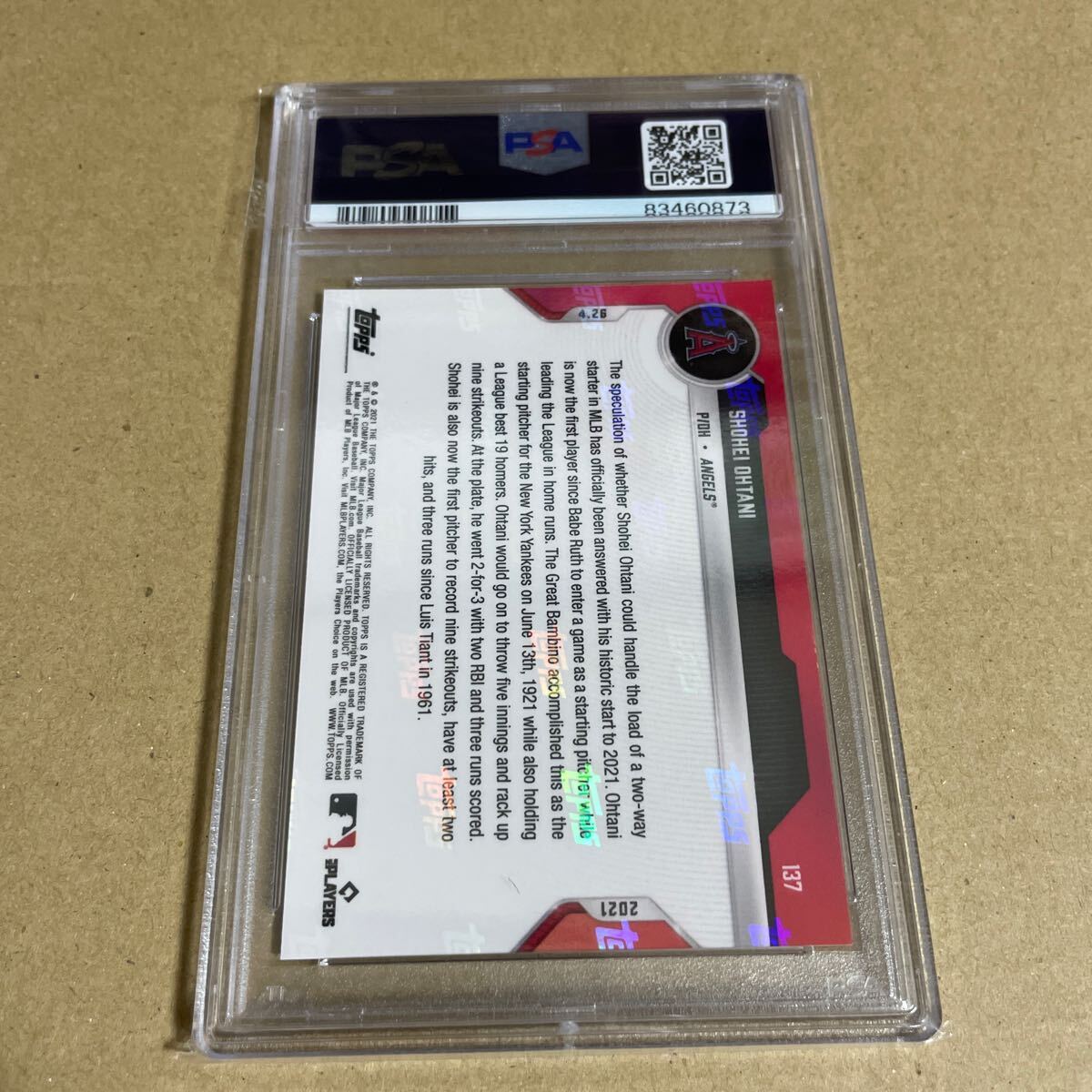 【PSA10】GEM MINT 2021 Topps Now #137 大谷翔平「ベーブルース以来100年ぶりの本塁打数トップの選手が先発登板」Shohei Ohtani PSA鑑定_画像2