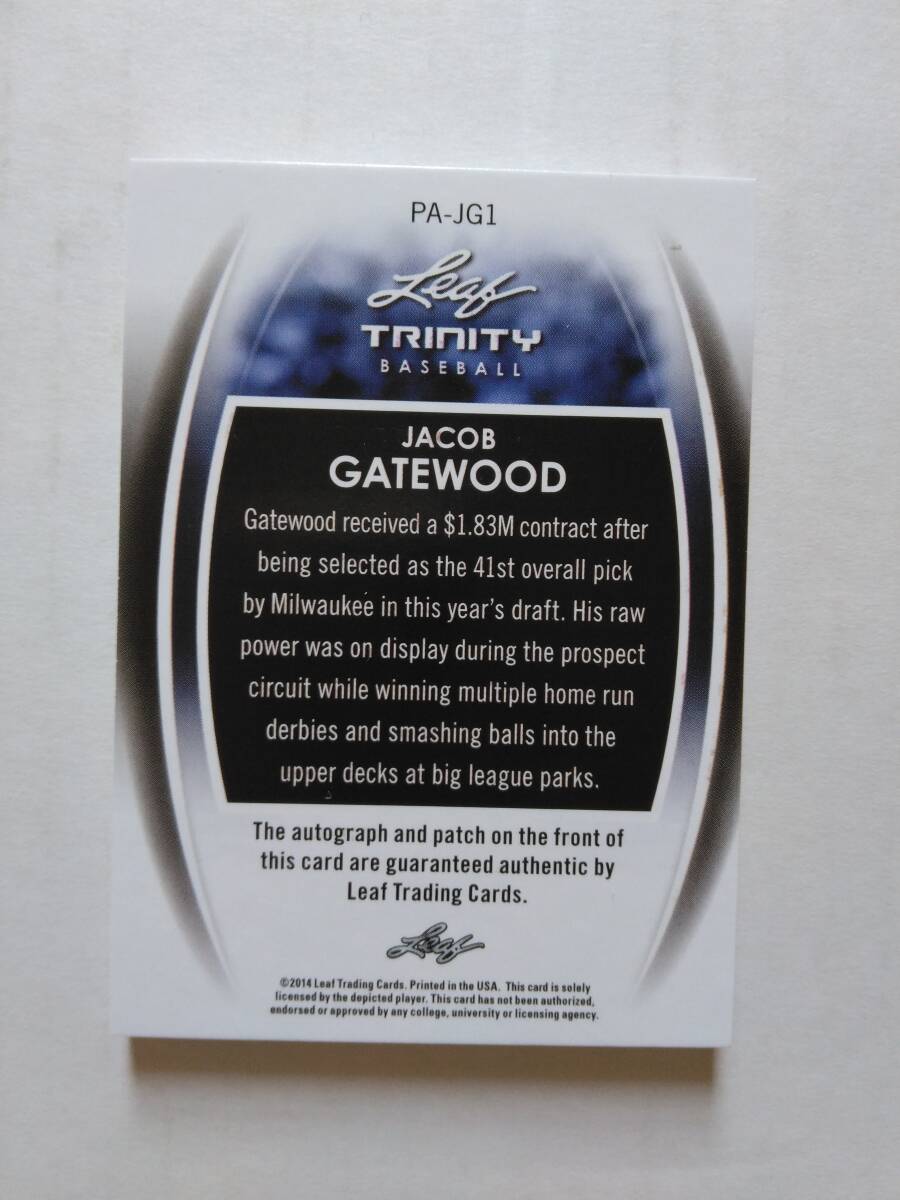 JACOB GATEWOOD（ブルワーズ、エンゼルス他）2014 Leaf Trinity　BIGパッチ（めっちゃ良い部分）＆ 直筆サインカード　16/25_画像2