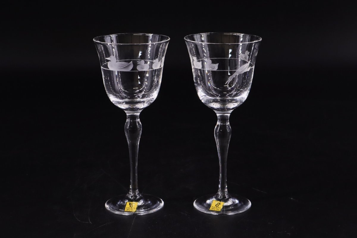 カガミクリスタル あひるの図 ワイングラス ペアセット / Kagami CRYSTAL サンドブラスト グラス 2客 水鳥 アヒル_画像1