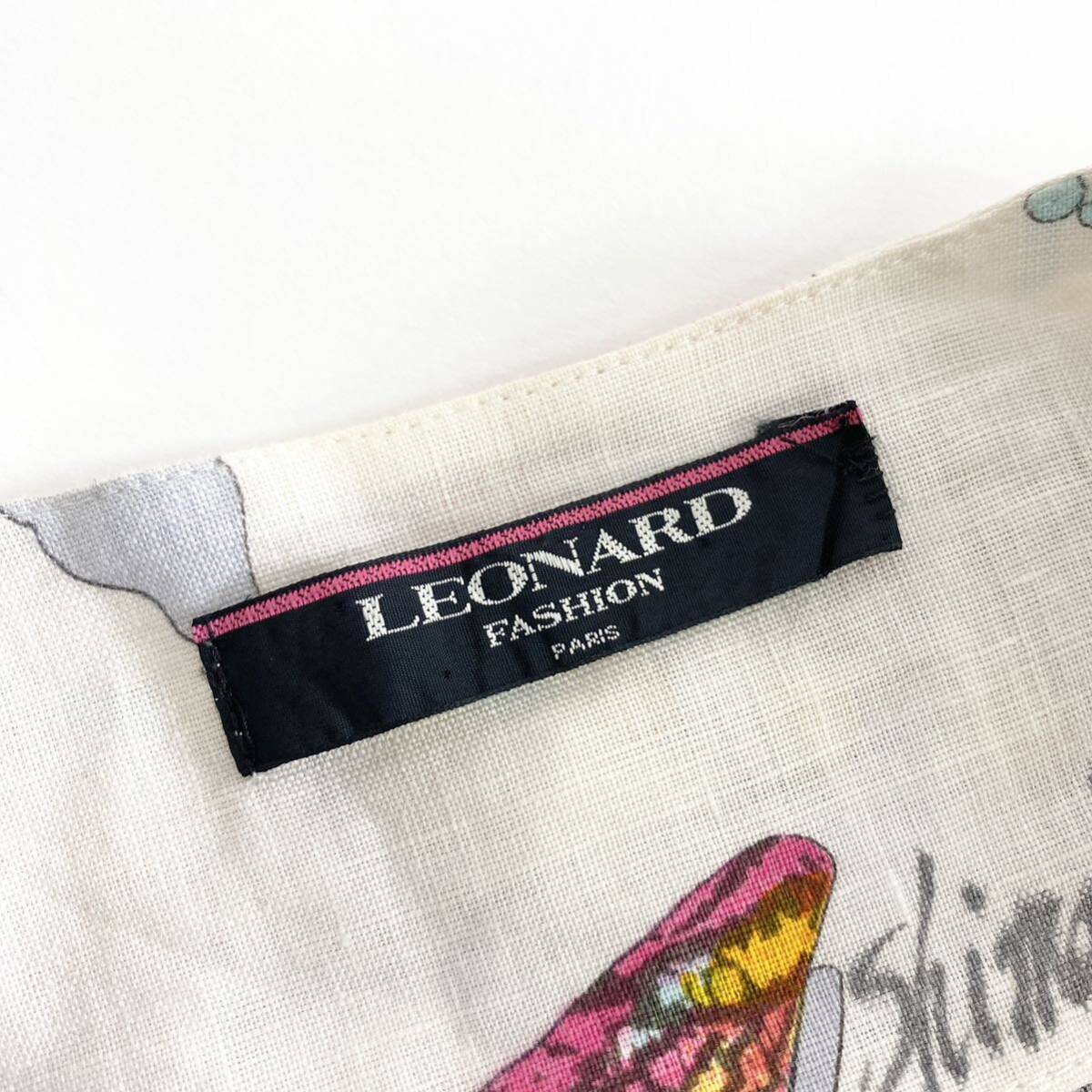 Bc21 LEONARD FASHION レオナール ノーカラージャケット テーラードジャケット サマージャケット リネン素材◎ 総柄 マルチカラー LL相当_画像8