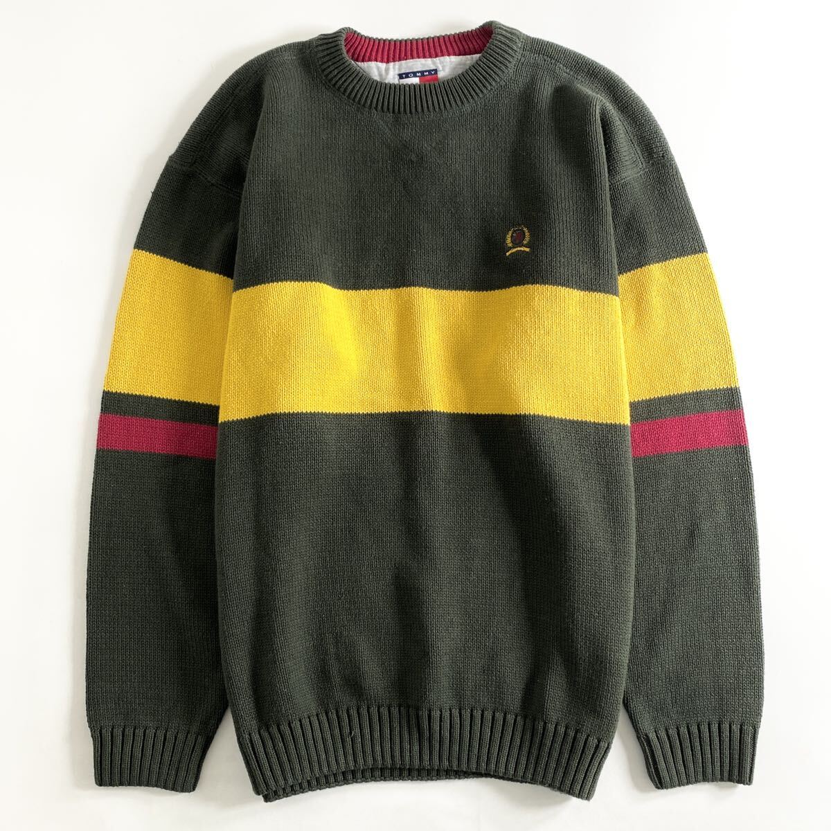 Uc22 TOMMY HILFIGER トミーヒルフィガー 長袖ニット サイズL グリーン系 メンズ セーター クルーネック プルオーバー トップス 厚手_画像1