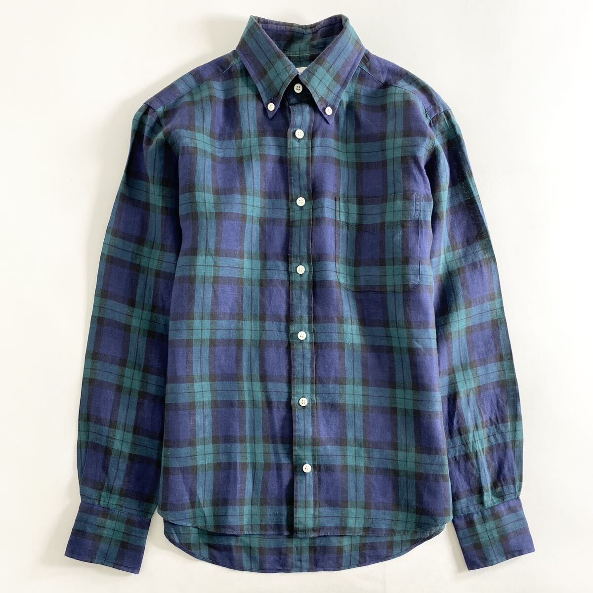 Hc22-15 日本製 Maker's Shirt 鎌倉シャツ Linen リネン 麻100% 長袖シャツ ボタンダウンシャツ チェックシャツ カジュアル 14.5/37 M相当_画像1