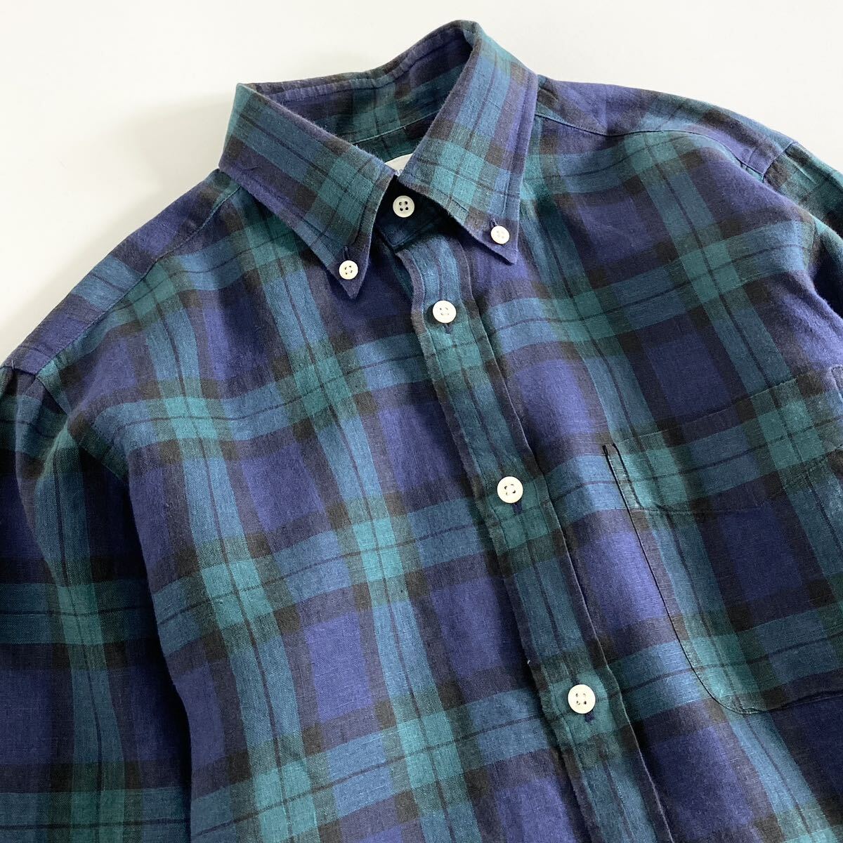 Hc22-15 日本製 Maker's Shirt 鎌倉シャツ Linen リネン 麻100% 長袖シャツ ボタンダウンシャツ チェックシャツ カジュアル 14.5/37 M相当_画像3