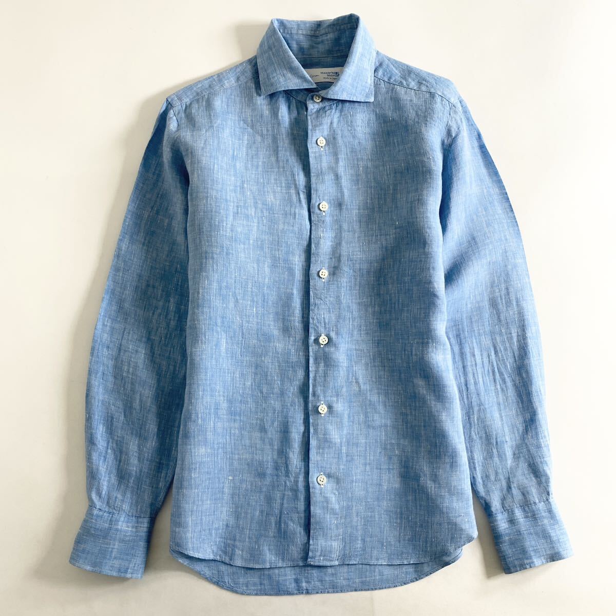 Bc23①《極美品》Maker's Shirt 鎌倉 メーカーズシャツ鎌倉 鎌倉シャツ Linen カッタウェイ リネンシャツ ドレスシャツ 14 1/2 M相当 _画像1