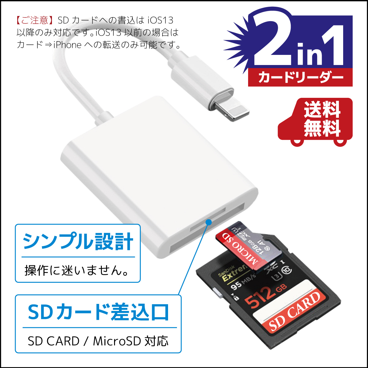 iPhone カードリーダー 2in1 iPad SD 接続データ 転送 写真 画像 動画 バックアップ 小型 アイフォン_画像2