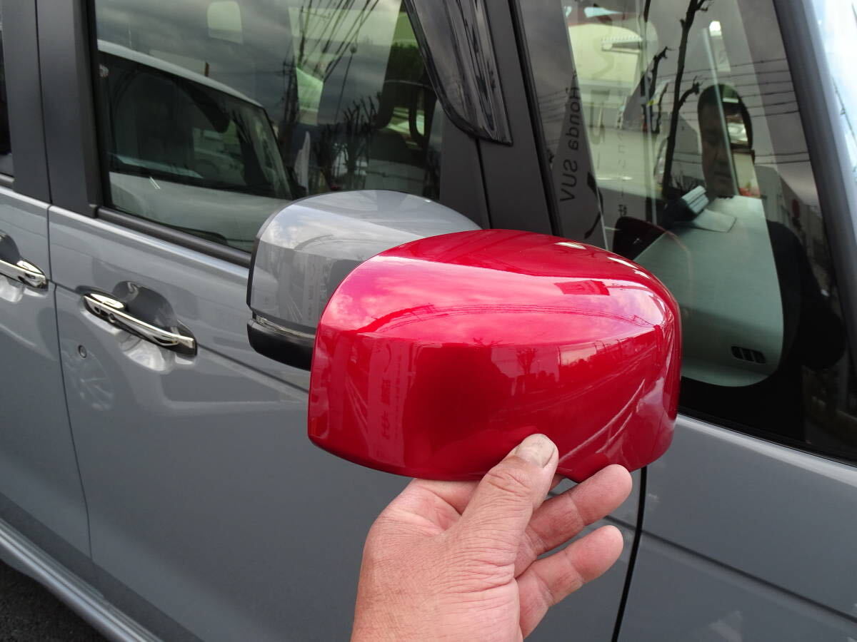 送料無料 ホンダ 新型 NBOXカスタム 標準グレード ６BA-JF５ JF６系レッドメタリック 赤色 ドアミラーカバー左右 かんたん貼り付け装着！_純正ドアミラー上に貼り付けかんたん装着！