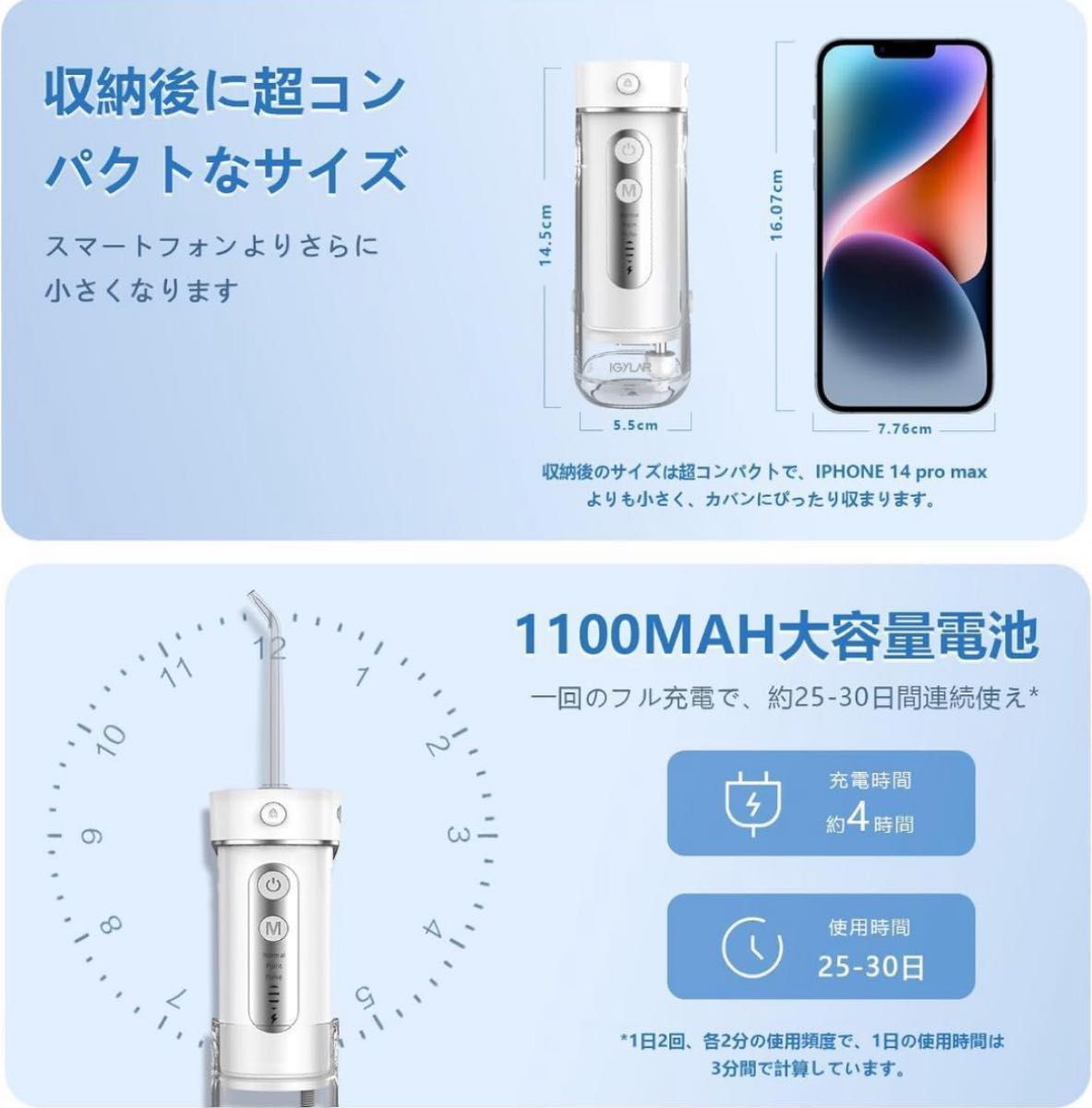IGYLAR【最新型】 口腔洗浄器 ジェットウォッシャー コードレス 充電式