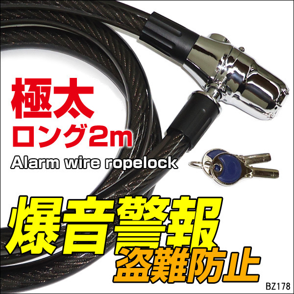 ワイヤーロックキー 極太 2m 爆音 盗難対策 ケーブルロック アラーム機能付 鍵 防犯/22Д_画像1