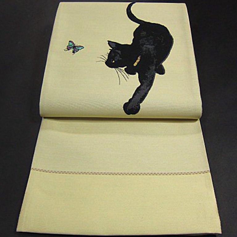 新品【御仕立上】西陣織高級袋帯　蝶々を追いかける黒猫・クロネコ_画像3