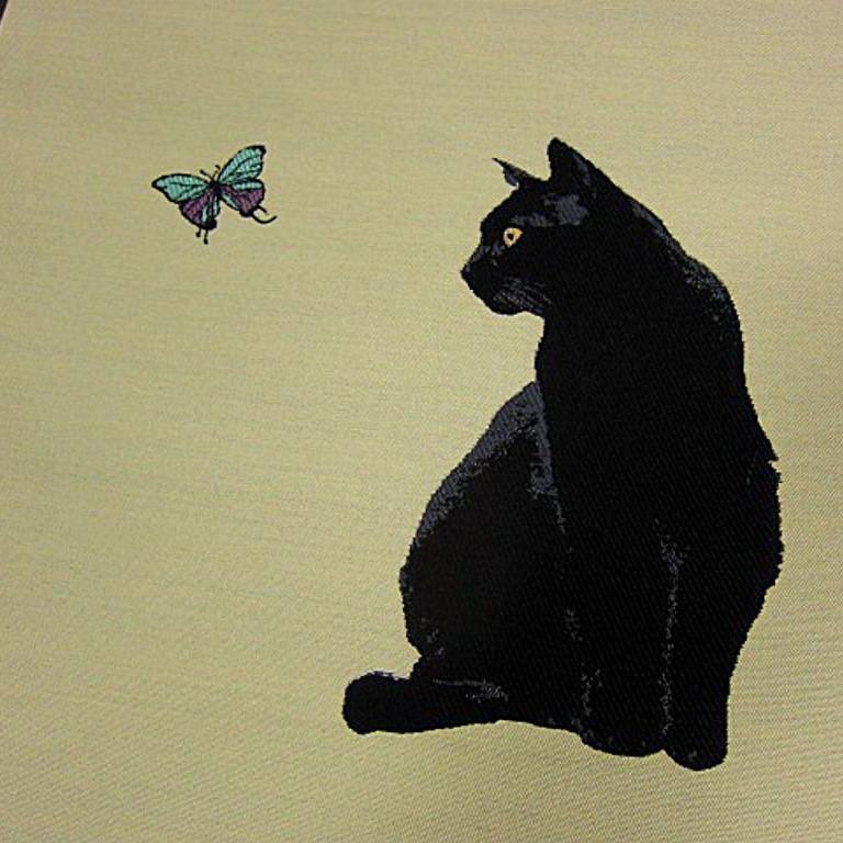 新品【御仕立上】西陣織高級袋帯　蝶々を追いかける黒猫・クロネコ_画像6