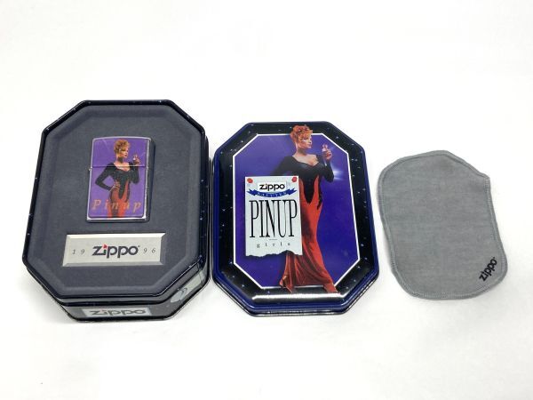 【D313】ZIPPO ジッポ ライター PINUP GIRLS ピンナップガール シルバー 1996年 オイルライター 喫煙具 中古 箱付き b_画像1