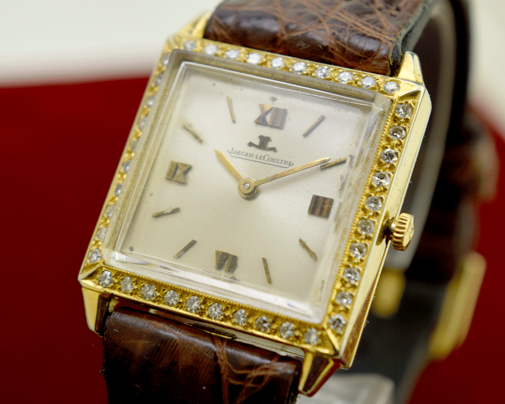 古 セ-ル 超豪華 LECOULTRE ダイヤ40個装飾 14K金無垢 手巻き 17石 紳士腕時計 新品クロコバンド付き