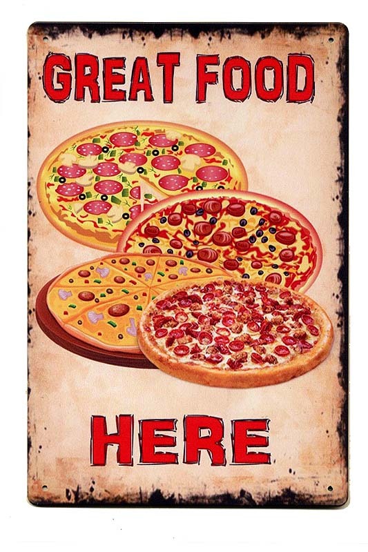 ピザ GREAT FOOD HERE レトロ調 ミニサイズ ピザ屋さん アメリカンブリキ看板 メタルプレート_画像1