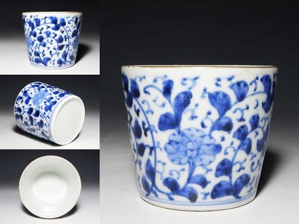 【桃】古伊万里:染付大柄花唐草図蕎麦猪口