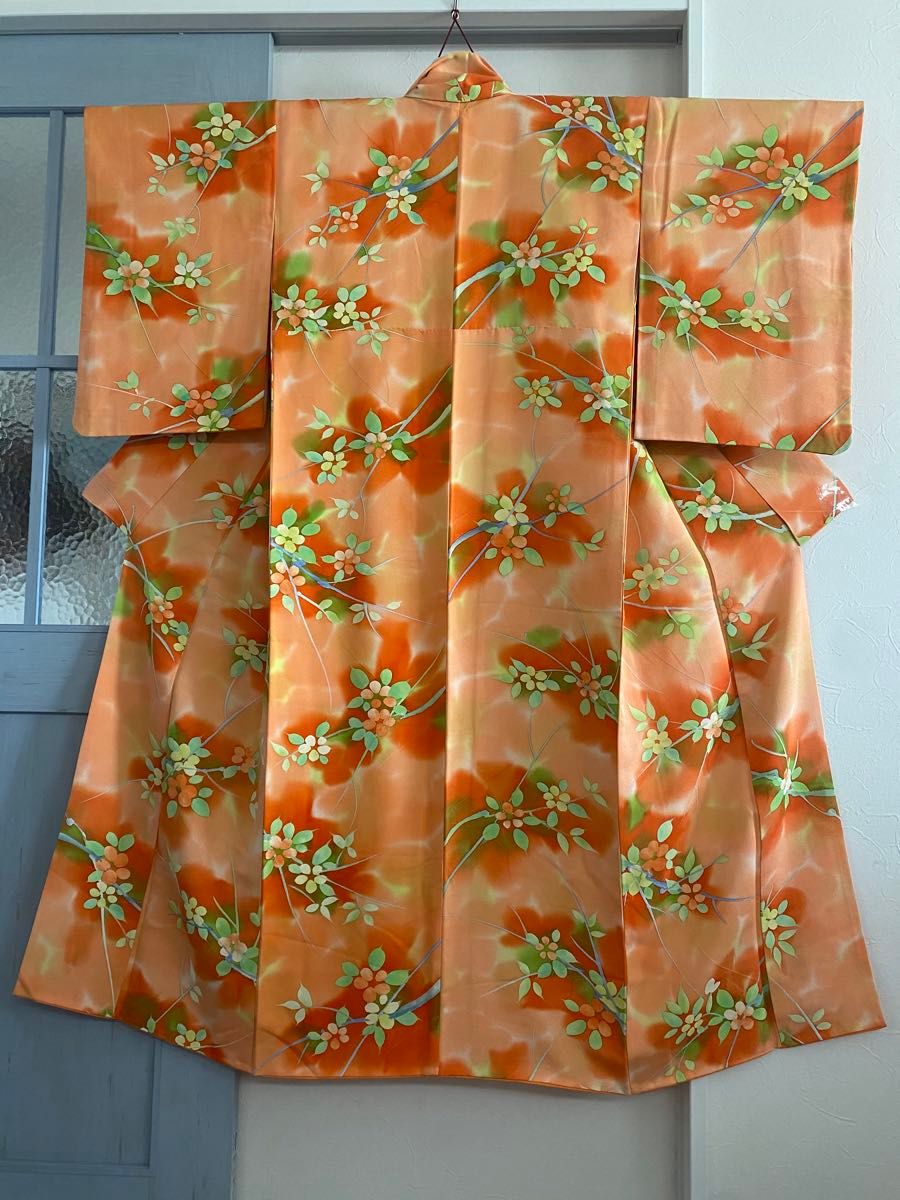 小紋 抽象花模様 袷 広襟 オレンジ 橙色 正絹