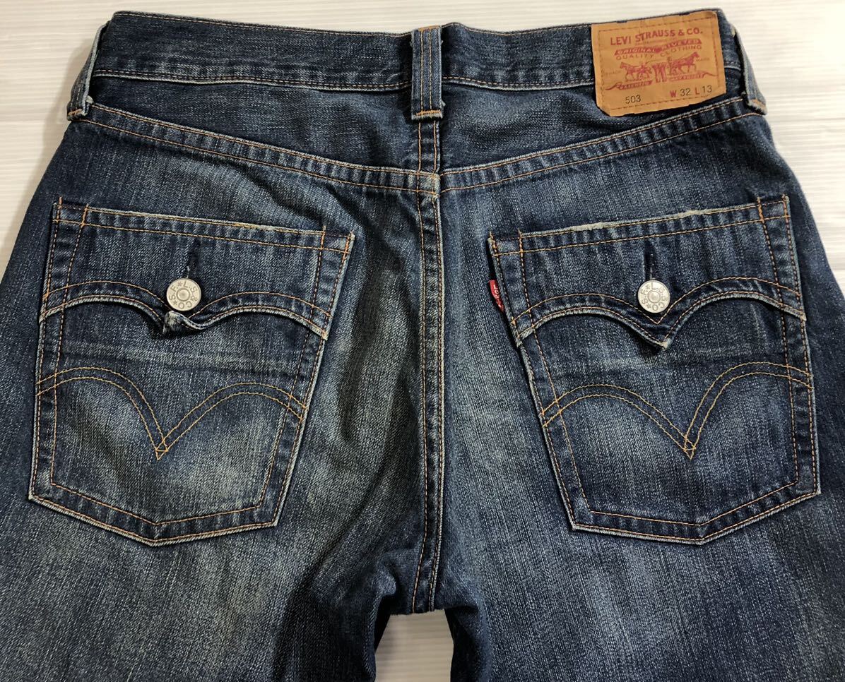 ■ Levi's リーバイス ■ 激シブ色落ち 503 レッドタブ ユーズドダメージ加工 ハーフ デニム インディゴブルー 32_画像4