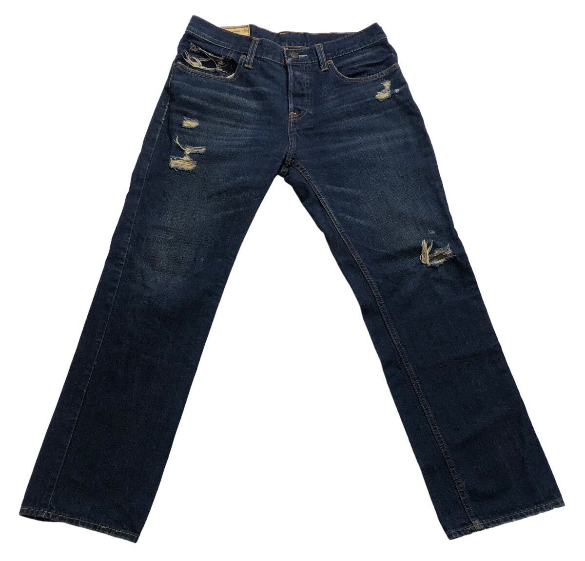 ■ HOLLISTER ホリスター アバクロ ■ ロゴ パッチ ユーズド色落ち ダメージ加工 デニム インディゴブルー W31/L30_画像2