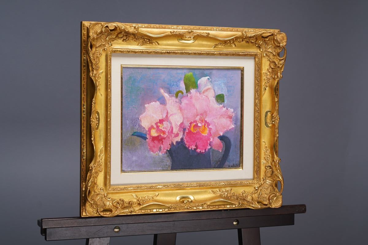  genuine work on ..[. orchid flower ] oil painting F3 number (27cmx22cm) autograph * reverse side paper equipped guarantee Lee new . handling goods condition excellent 