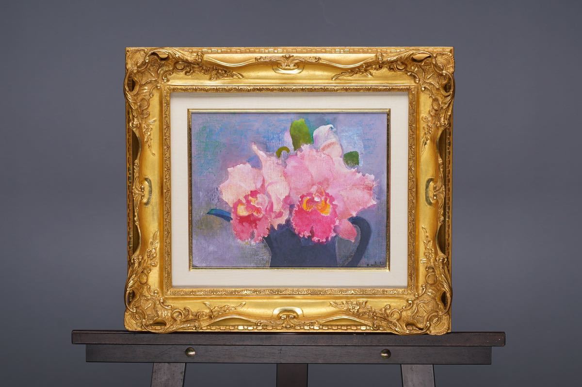  genuine work on ..[. orchid flower ] oil painting F3 number (27cmx22cm) autograph * reverse side paper equipped guarantee Lee new . handling goods condition excellent 