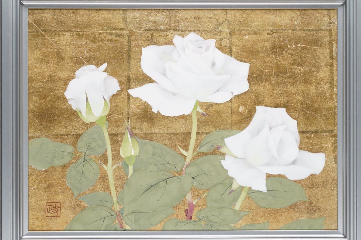  genuine work pine hill . confidence [ rose ] Japanese picture F4 number (33cmx24cm) autograph * also seal equipped Nakamura ..* Matsuo . man .... exhibition activity real power painter finest quality condition!