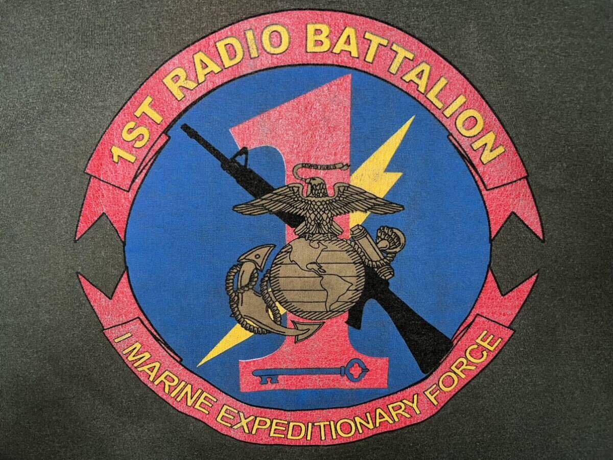 中古美品　USMC 1st RADIO BATTALION 1 MARINE EXPEDITIONARY FORCE コットンTシャツ　ANVIL製　LARGE OD_画像5