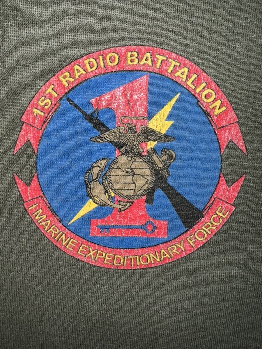 中古美品　USMC 1st RADIO BATTALION 1 MARINE EXPEDITIONARY FORCE コットンTシャツ　ANVIL製　LARGE OD_画像2