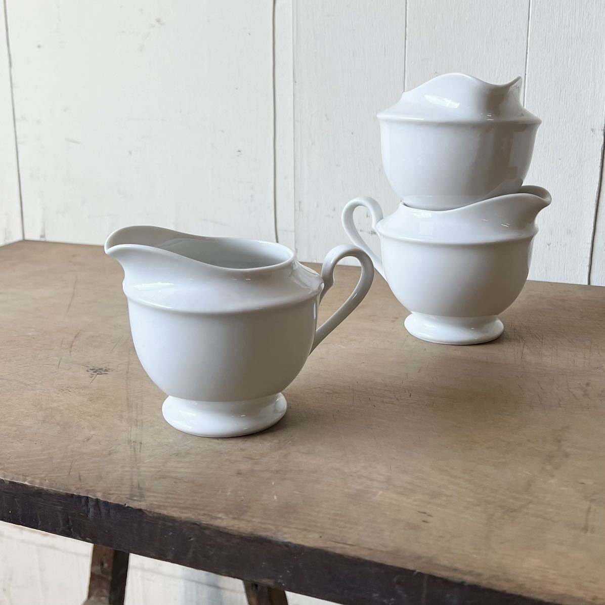 3個set ペリカン口 ピッチャー 白磁 デットストック 陶器 検: ミルクピッチャー スープ ソース カレー レトロ ビンテージ アンティークの画像1