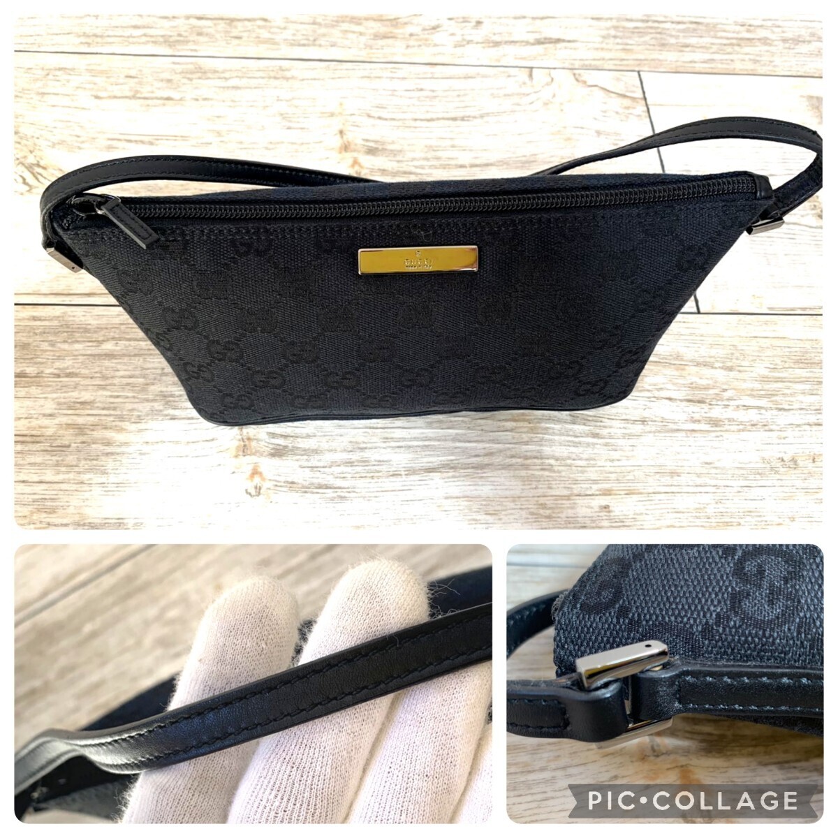 1円【そこそこ美品】GUCCI グッチ アクセサリーポーチ [07198.2123] カード 保存袋付 GG柄 GGキャンバス ブラック ミニ ハンドバッグ_画像9